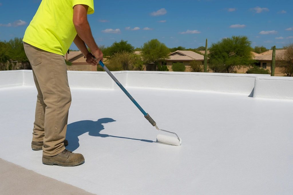 Roof coatings being applied to a flat roof in Tempe to protect against heat and sun damage